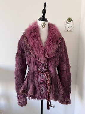 Vintage Purple Real Fur Jacket w Fox Collar & Lace Embroidery S Romantic Boho